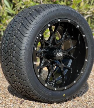12-inch-matrix-gloss-black-aluminum-golf-cart-wheels-and-215:40R12-wanda-steel-belted-radial-dot-street-turf-tires-18-inch-tall-dot-street-turf-golf-cart-tires-non-lifted-carts-petesgolfcarts
