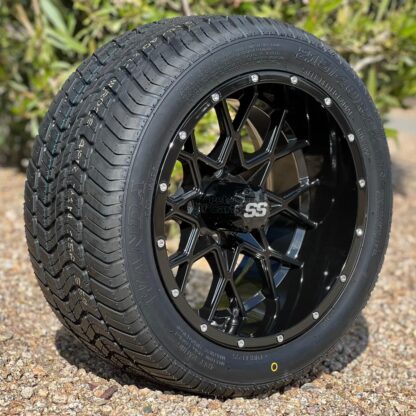 12-inch-matrix-gloss-black-aluminum-golf-cart-wheels-and-215:40R12-wanda-steel-belted-radial-dot-street-turf-tires-18-inch-tall-dot-street-turf-golf-cart-tires-non-lifted-carts-petesgolfcarts