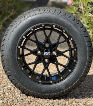 12-inch-matrix-gloss-black-aluminum-golf-cart-wheels-and-215:50-12-excel-classic-comfortride-20-inch-tall-dot-street-turf-golf-cart-tires-for-non-lifted-golf-carts