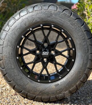 12-inch-matrix-gloss-black-aluminum-golf-cart-wheels-and-23x10R12-excel-street-fox-radial-23-inch-tall-dot-street-turf-golf-cart-tires-for-lifted-golf-carts-petesgolfcarts
