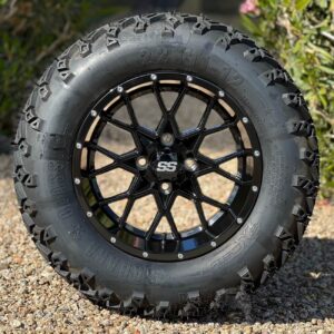 12" Matrix Gloss Black Golf Cart Wheels and 22x11-12 All Terrain Golf Cart Tires Combo - Set of 4 (22" tall)