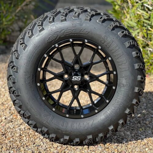 12-inch-matrix-gloss-black-golf-cart-wheels-and-23x10-12-23-inch-excel-sahara-classic-dot-all-terrain-golf-cart-tires-petesgolfcarts-com