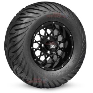 12" Matrix Gloss Black Golf Cart Wheels and 23x10.5-12 Hellfire Street/Turf Golf Cart Tires Combo - Set of 4 (23" tall)