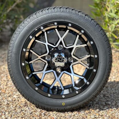 12-inch-matrix-machined-black-golf-cart-wheels-12x7-and-215:40R12-wanda-WR028-steel-belted-radial-DOT-low-profile-street-turf-golf-cart-tires-combo