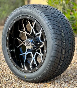 12-inch-matrix-machined-black-golf-cart-wheels-12x7-and-215:40R12-wanda-WR028-steel-belted-radial-DOT-low-profile-street-turf-golf-cart-tires-combo-clubcar-ezgo-yamaha