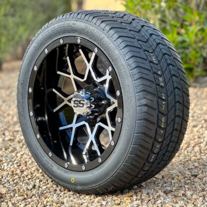 12-inch-matrix-machined-black-golf-cart-wheels-12x7-and-215:40R12-wanda-WR028-steel-belted-radial-DOT-low-profile-street-turf-golf-cart-tires-combo-clubcar-ezgo-yamaha