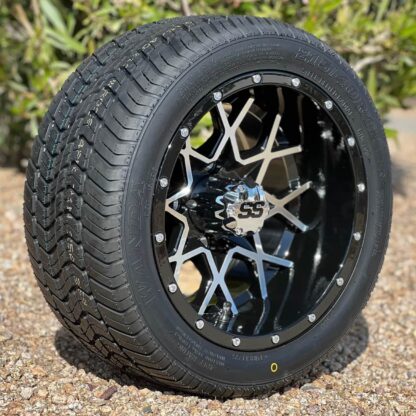 12-inch-matrix-machined-black-golf-cart-wheels-12x7-and-215:40R12-wanda-WR028-steel-belted-radial-DOT-low-profile-street-turf-golf-cart-tires-combo-petesgolfcarts-com