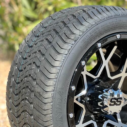 12-inch-matrix-machined-black-golf-cart-wheels-12x7-and-215:40R12-wanda-WR028-steel-belted-radial-DOT-low-profile-street-turf-golf-cart-tires-combo-tread