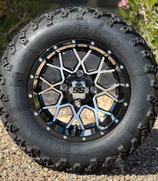 12-inch-matrix-machined-black-golf-cart-wheels-12x7-and-22x11-12-excel-sahara-classic-dot-all-terrain-golf-cart-tires-combo