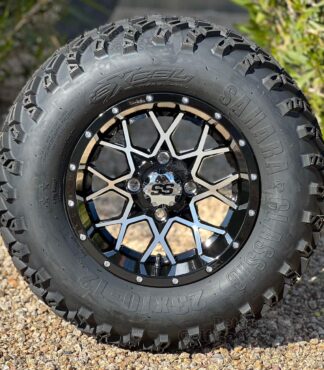 12-inch-matrix-machined-black-golf-cart-wheels-12x7-and-23x10-12-excel-sahara-classic-dot-all-terrain-golf-cart-tires-combo-petesgolfcarts-com