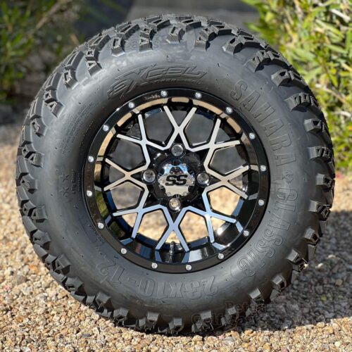 12-inch-matrix-machined-black-golf-cart-wheels-12x7-and-23x10-12-excel-sahara-classic-dot-all-terrain-golf-cart-tires-combo-petesgolfcarts-com