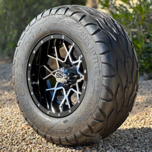 12-inch-matrix-machined-black-golf-cart-wheels-23x10R12-excel-street-fox-radial-street-turf-tire-combo