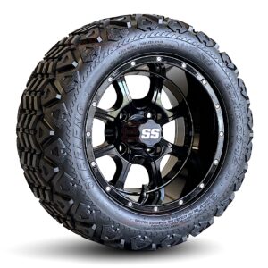 12" Stalker Gloss Black Golf Cart Wheels and 20x10-12 DOT All Terrain Golf Cart Tires Combo - Set of 4 (20" tall)
