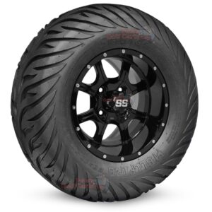 12" Stalker Gloss Black Golf Cart Wheels and 23x10.5-12 Hellfire Street/Turf Golf Cart Tires Combo - Set of 4 (23" tall)