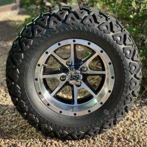 12″ Predator Black/Machined Wheels and 23×10.5-12 DOT All Terrain Golf Cart Tires – Set of 4 (23" tall)