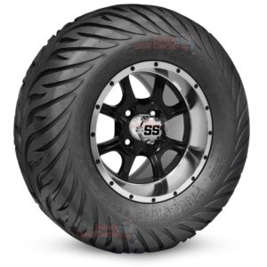 12" Ghost Black/Machined Golf Cart Wheels and 23x10.5-12 Hellfire Street/Turf Golf Cart Tires Combo - Set of 4 (23" tall)