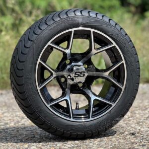 12" Rally Black/Machined Golf Cart Wheels and 215/40-12 DOT Low Profile Street/Turf Golf Cart Tires Combo - Set of 4 (18.5" tall)