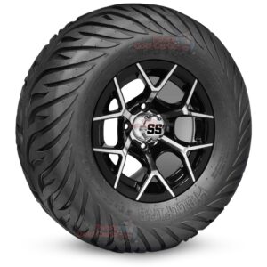 12" Rally Black/Machined Golf Cart Wheels and 23x10.5-12 Hellfire Street/Turf Golf Cart Tires Combo - Set of 4 (23" tall)