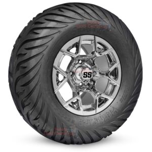 12" Rally Chrome Golf Cart Wheels and 23x10.5-12 Hellfire Street/Turf Golf Cart Tires Combo - Set of 4 (23" tall)