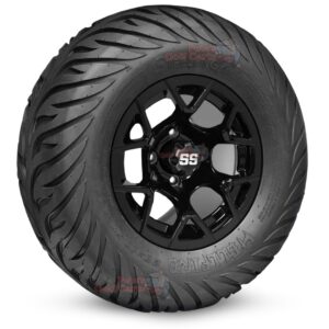 12" Rally Gloss Black Golf Cart Wheels and 23x10.5-12 Hellfire Street/Turf Golf Cart Tires Combo - Set of 4 (23" tall)
