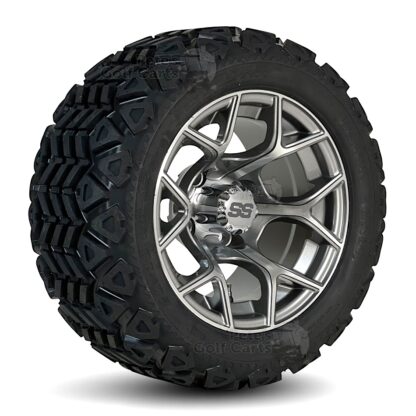 12" Rally Gunmetal Machined Aluminum Golf Cart Wheels and 20x10-12 DOT All Terrain Golf Cart Tires Combo - Set of 4