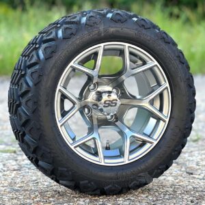 12" Rally Gunmetal Golf Cart Wheels and 20x10-12 DOT All Terrain Golf Cart Tires - Set of 4 - NO LIFT REQUIRED