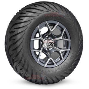 12" Rally Gunmetal Golf Cart Wheels and 23x10.5-12 Hellfire Street/Turf Golf Cart Tires Combo - Set of 4 (23" tall)