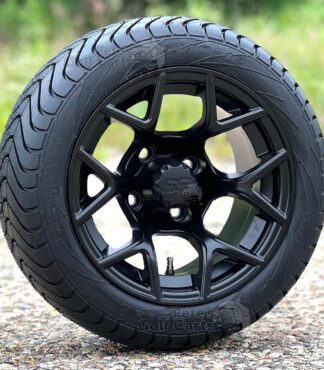 12-inch-rally-matte-black-golf-cart-wheels-215/40-12-wanda-p825-dot-approved-street-turf-tires-combo-nonlifted-ezgo-clubcar-yamaha-petesgolfcarts-pgc