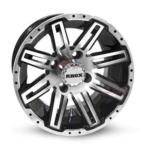 12-inch-rhox-RX265-black-machined-aluminum-golf-cart-wheels-12x7-4x4-bolt-pattern-101mm-et-25mm-offset