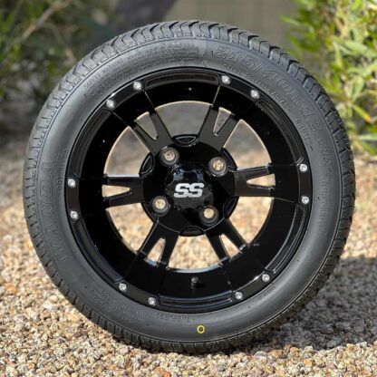 12-inch-stallion-ruckus-gloss-black-golf-cart-wheels-and-215:40R12-steel-belted-radial-street-turf-golf-cart-tires-set-of-4-non-lifted-golf-carts