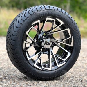 12" Stinger Black/Machined Golf Cart Wheels and 215/40-12 DOT Low Profile Street/Turf Golf Cart Tires Combo - Set of 4 (18.5" tall)