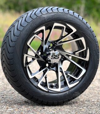 12-inch-stinger-black-machined-aluminum-golf-cart-wheels-and-215/40-12-wanda-p825-dot-low-profile-street-turf-golf-cart-tires-for-non-lifted-golf-carts