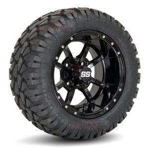 12" Storm Trooper Gloss Black Golf Cart Wheels and 20x10-12 STINGER All Terrain Golf Cart Tires Combo - Set of 4 (20" tall)