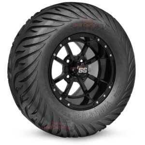 12" Storm Trooper Gloss Black Golf Cart Wheels and 23x10.5-12 Hellfire Street/Turf Golf Cart Tires Combo - Set of 4 (23" tall)
