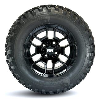 12" Talon Gloss Black Aluminum Beast® Golf Cart Wheels and 23x10.5-12 All Terrain Golf Cart Tires