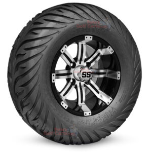 12" Tempest Black/Machined Golf Cart Wheels and 23x10.5-12 Hellfire Street/Turf Golf Cart Tires Combo - Set of 4 (23" tall)