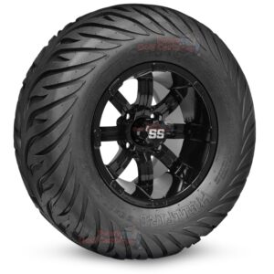 12" Tempest Gloss Black Golf Cart Wheels and 23x10.5-12 Hellfire Street/Turf Golf Cart Tires Combo - Set of 4 (23" tall)