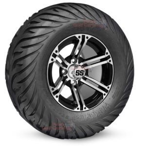 12" Terminator Black/Machined Golf Cart Wheels and 23x10.5-12 Hellfire Street/Turf Golf Cart Tires Combo - Set of 4 (23" tall)