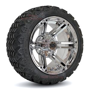 12" Terminator Chrome Golf Cart Wheels and 18x8.5-12 DOT All Terrain Golf Cart Tires Combo - Set of 4 (18" TALL -FITS ALL CARTS)