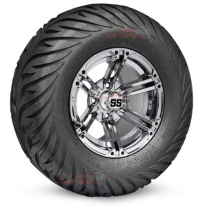 12" Terminator Chrome Golf Cart Wheels and 23x10.5-12 Hellfire Street/Turf Golf Cart Tires Combo - Set of 4 (23" tall)