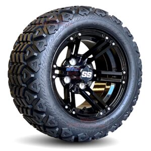 12" Terminator Gloss Black Golf Cart Wheels and 20x10-12 DOT All Terrain Golf Cart Tires Combo - Set of 4 (20" tall)