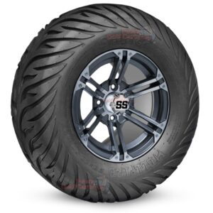 12" Terminator Gunmetal/Machined Golf Cart Wheels and 23x10.5-12 Hellfire Street/Turf Golf Cart Tires Combo - Set of 4 (23" tall)