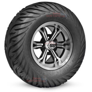 12" Transformer Black/Machined Golf Cart Wheels and 23x10.5-12 Hellfire Street/Turf Golf Cart Tires Combo - Set of 4 (23" tall)