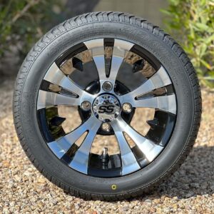 12" Vampire Black/Machined Wheels and 215/40-12 DOT Low profile Golf Cart Tires - Set of 4 - NO LIFT REQUIRED