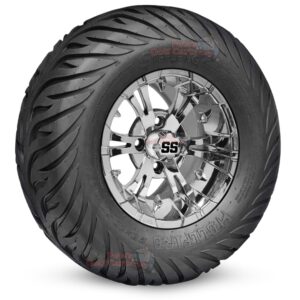 12" Vampire Chrome Golf Cart Wheels and 23x10.5-12 Hellfire Street/Turf Golf Cart Tires Combo - Set of 4 (23" tall)