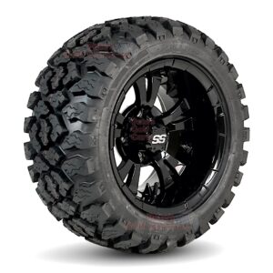 12" Vampire Gloss Black Golf Cart Wheels and 20x10R12 Sierra Rover Radial All Terrain Golf Cart Tires Combo - Set of 4 (20" tall)