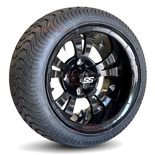 12-inch-vampire-gloss-black-aluminum-golf-cart-wheels-215:35-12-low-profile-DOT-street-turf-tires-set-of-4-combo-for-non-lifted-carts-angle