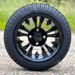12" Vampire Gloss Black Golf Cart Wheels and 215/35-12 DOT Low Profile Street/Turf Golf Cart Tires Combo - Set of 4 (18" tall)