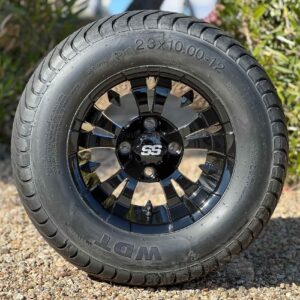 12" Vampire Gloss Black Golf Cart Wheels and 23x10-12 DOT Approved Street/Turf Tires Combo - Set of 4 (23" tall)
