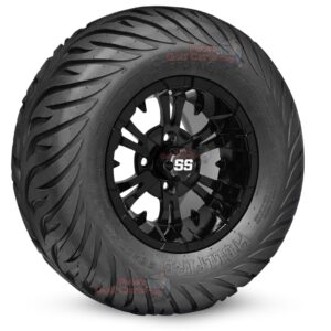 12" Vampire Gloss Black Golf Cart Wheels and 23x10.5-12 Hellfire Street/Turf Golf Cart Tires Combo - Set of 4 (23" tall)